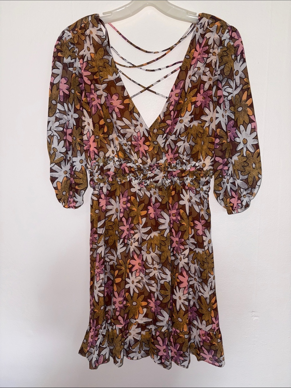Lush Floral Crisscross Mini Dress in Brown, Pink, White